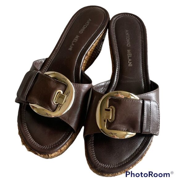 Antonio Melani Platform Sandals Mules, Size 6 1/2 Brown Buckles with Gold Metal - Picture 1 of 7